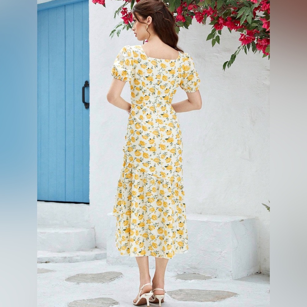 Santorini Floral Print Ruched Ruffle Hem Dress 40% OFF - Picture 2 of 4